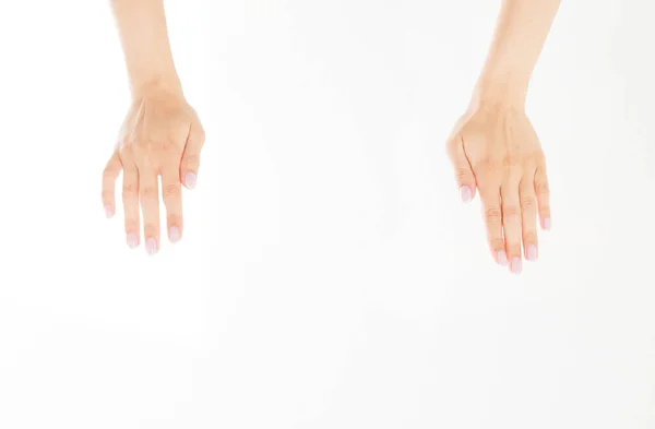 Dwie Bliskie Ręce Kobiety Odizolowane Białym Tle Kobiece Ramiona Trzymające — Zdjęcie stockowe