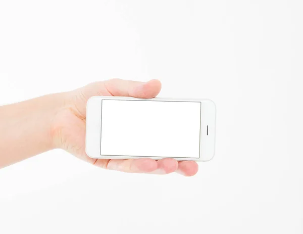 Hand Holding White Phone Isolated White Clipping Path Top View — Stock Photo, Image