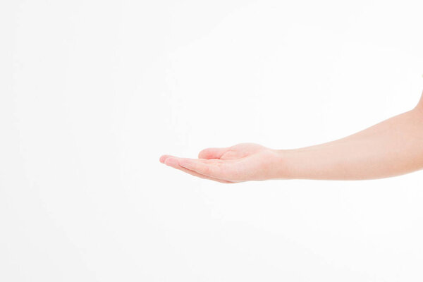 Open man hand, palm up isolated on white background. Front view. Mock up. Copy space. Template. Blank.