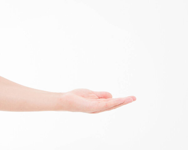 Open man hand, palm up isolated on white background. Front view. Mock up. Copy space. Template. Blank.