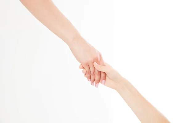 Duas Mãos Isoladas Fundo Branco Ajudar Amigo Espaço Para Cópia — Fotografia de Stock