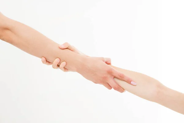 Two hands isolated on the white background. Helping hand to a friend. Copy space. Rescue or helping gesture of arms.