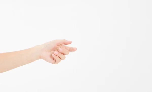 Kobieca Dłoń Trzymająca Niewidzialne Przedmioty Kobiecy Gest Robienia Dłoni Pokazując — Zdjęcie stockowe