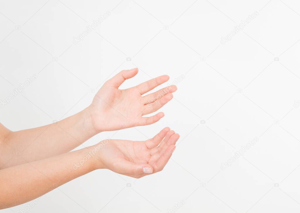 black Woman's hand two palm up. handbreadth isolated on a white background. Front view. Mock up. Copy space. Template. Blank.