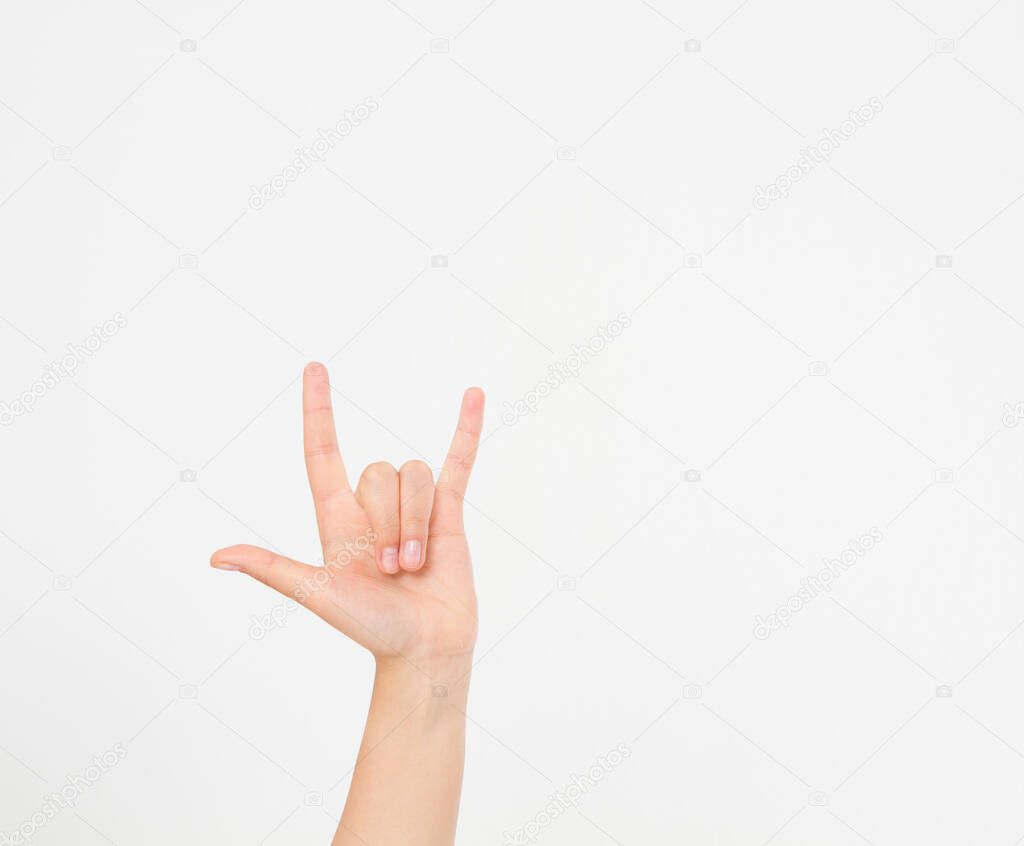 Hand making the heavy metal isolated white background. afro american hand. Mock up. Copy space. Template. Blank.