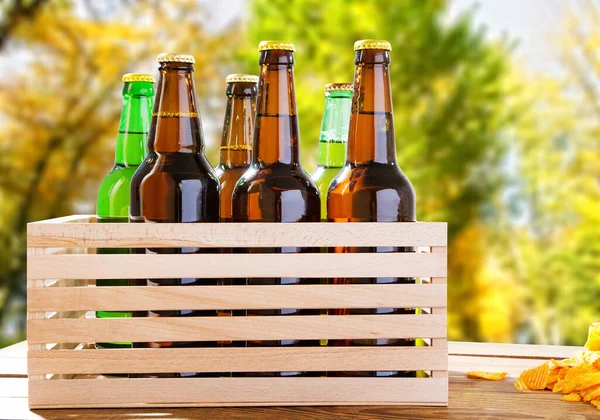 beer bottles on wooden table with blurred forrest on background, coloured bottle, food and drink concept,selective focus,copy space