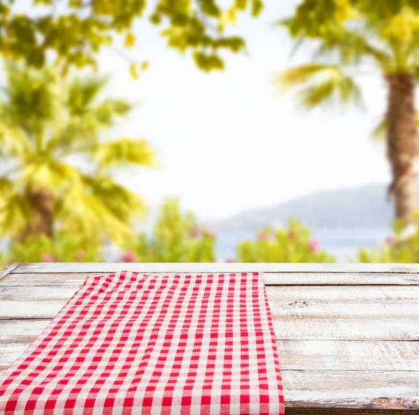 Empty Food Table Red Tableclothes Blurred Summer Park Background Copy — Stock Photo, Image