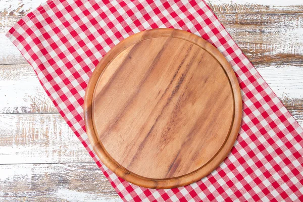 Red Tableclothes Wooden Desk Pizza Table Mock — Stock Photo, Image