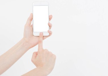 Kadın cep telefonu beyaz, kadın telefonu boş ekran, boş ekran, dokunmatik.