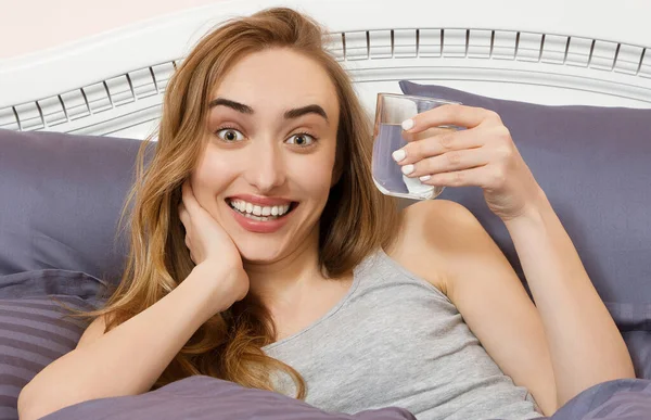 Happy Emotional Woman Drink Glass Water Morning Bedroom — Stock Photo, Image