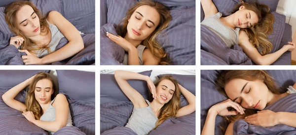 아름다운 소녀는 콜라주에서 광고판을 침대에 아름다운 아가씨가 어두운 침대에서 아름다운 — 스톡 사진