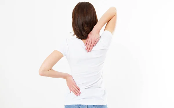 Schöne Brünette Frau Leidet Unter Rückenschmerzen Rückenansicht — Stockfoto