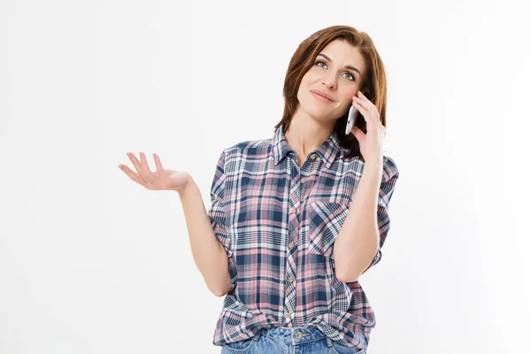 Brunette Woman Talking Smartphone Isolated Background Pointing Fingers Copy Space — Stock Photo, Image