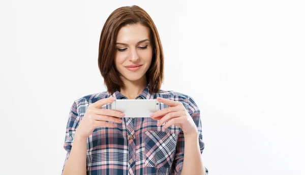 Mujer Usando Leyendo Viendo Teléfono Inteligente Chica Viendo Vídeo Celular — Foto de Stock
