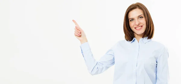 Happy Friendly Woman Points Hand White Background — Stock Photo, Image