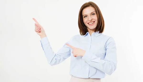 Close Portrait Happy Brunette Pointing Fingers White Background — Stock Photo, Image