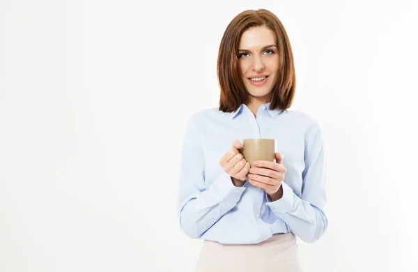Beautiful Young Business Girl Holding Mug Hot Drink Beautiful Modern — Stock Photo, Image