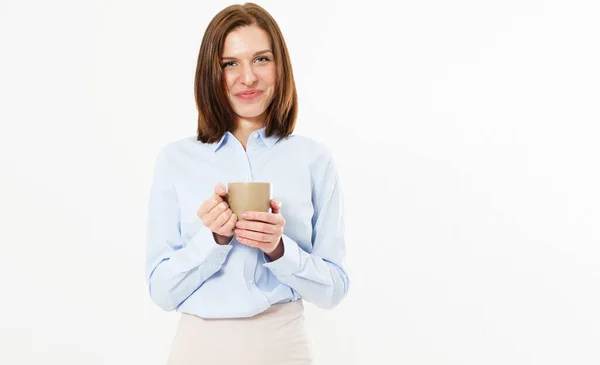 Young Beautiful Friendly Girl Holding Mug Hot Tea Coffee Posing — Stock Photo, Image