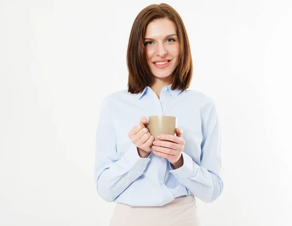 Happy Smiling Brunette Woman Posing White Background Hold Tasty Drink — Stock Photo, Image