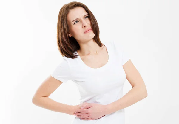 Mujer Joven Con Dolor Estómago Aislado Blanco —  Fotos de Stock