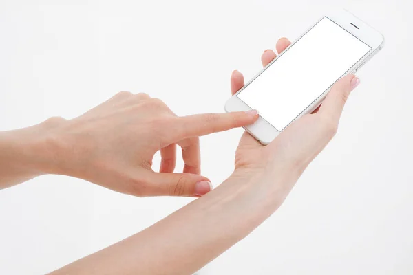 Hand Holding White Cellphone Isolated White Clipping Path Online Shopping — Stock Photo, Image