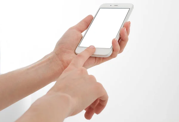 Ręczne Trzymanie Białego Telefonu Białej Ścieżce Wycinania Wewnątrz Widok Góry — Zdjęcie stockowe