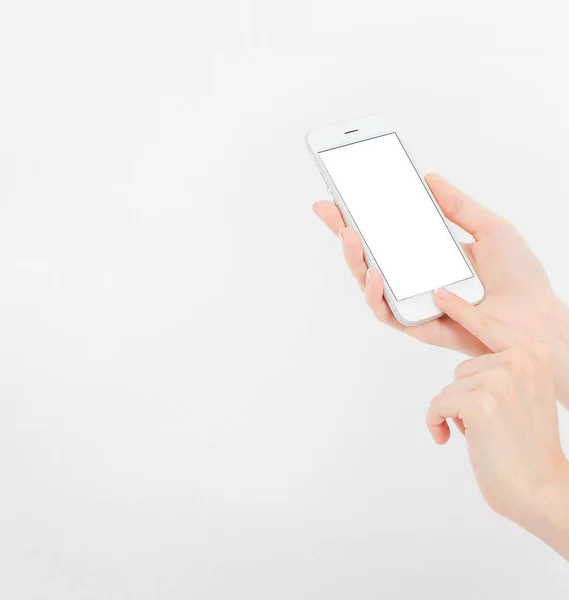 Hand Holding White Cellphone Isolated White Clipping Path Online Shopping — Stock Photo, Image