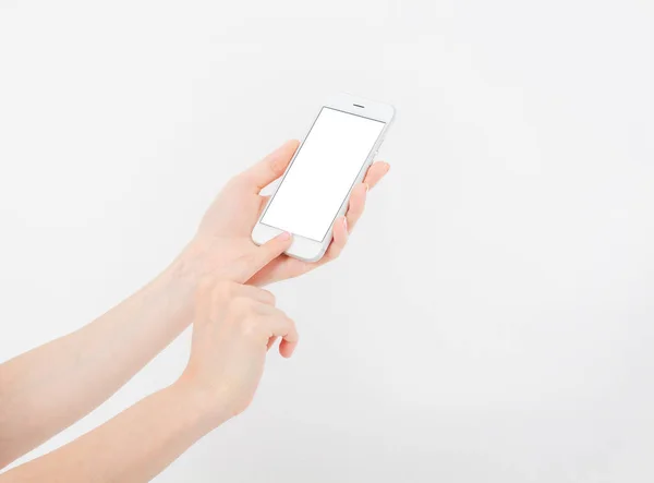 Hand Holding White Cellphone Isolated White Clipping Path Online Shopping — Stock Photo, Image