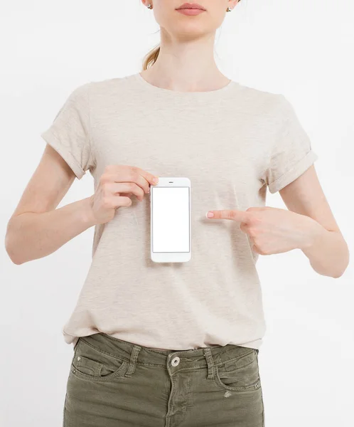 Ragazza Con Telefono Bianco Mano Cellulare Isolato Sul Percorso Ritaglio — Foto Stock