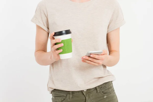 Girl Holding White Phone Coffe Cellphone Isolated White Clipping Path — Stock Photo, Image