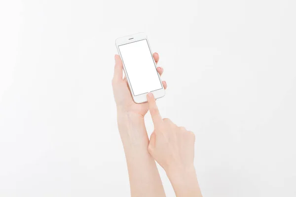 Hand Holding White Phone Isolated White Clipping Path Top View — Stock Photo, Image