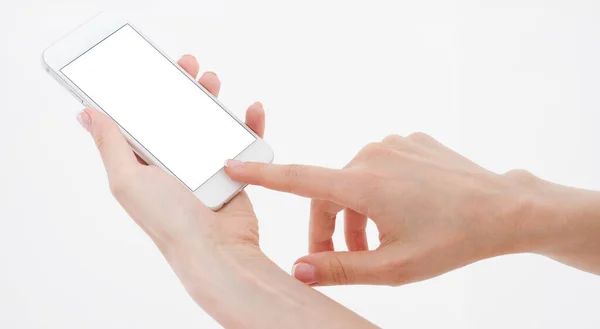 Female Hand Hold Mobile Phone Isolated White Woman Holding Phone — Stock Photo, Image