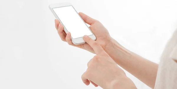 Woman Shows Blank Display Mobile Phone Hand Points Device Blank — Stock Photo, Image