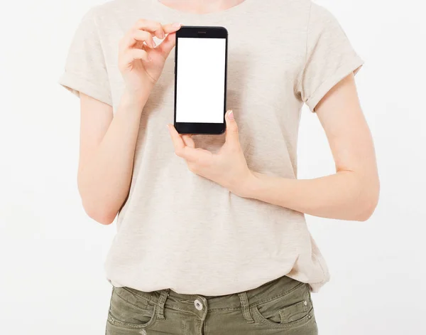 Kvinnlig Hand Hålla Mobiltelefon Isolerad Vit Kvinna Som Håller Telefonen — Stockfoto