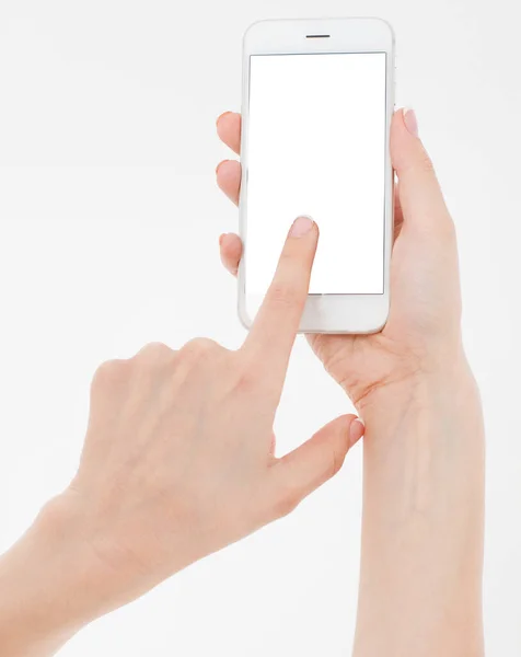 Female Hand Hold Mobile Phone Isolated White Woman Holding Phone — Stock Photo, Image