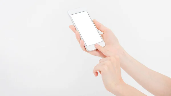 Female Hand Hold Mobile Phone Isolated White Woman Holding Phone — Stock Photo, Image