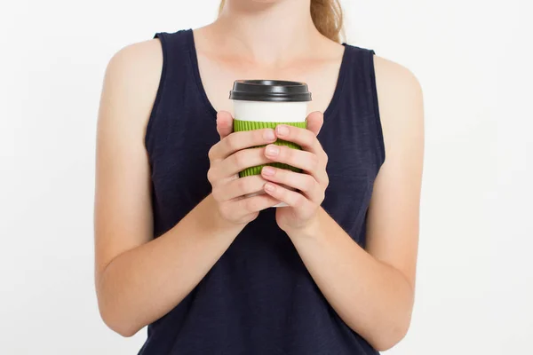 Girl Coffee Morning Drink Top View Mock Copy Space Template — Stock Photo, Image
