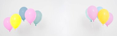 Renkli parti balonları arka plan kolajı, hazır. Kutlama, tatiller, yaz konsepti. Tasarım şablonu. reklam panosu veya panosu boş, üst görünüm, kopyalama alanı.