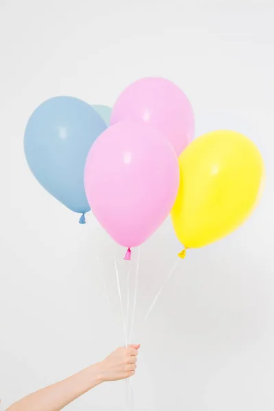 Mano Sosteniendo Globos Concepto Vacaciones Fondo Globos Fiesta Colores Aislado — Foto de Stock