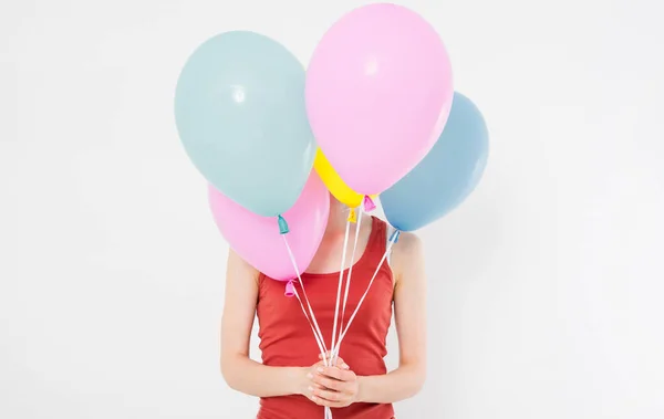 Junge Frau Mädchen Mit Bunten Luftballons Isoliert Auf Weißem Hintergrund — Stockfoto