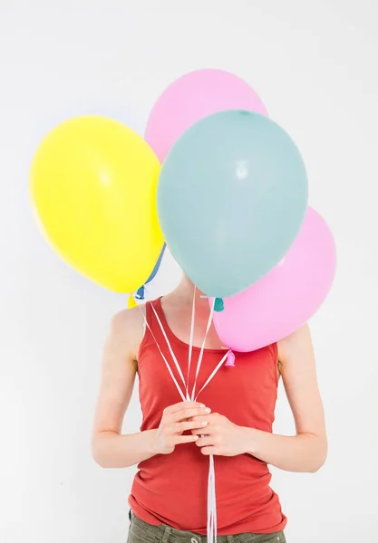 Młoda Dziewczyna Kobieta Kolorowymi Balonami Izolowane Białym Tle Przestrzeń Kopiowania — Zdjęcie stockowe
