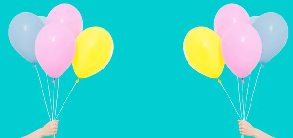 Set Hand Hold Colorful Balloons Background Copy Space — Stock Photo, Image