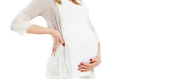 Pretty Young Pregnant Woman Standing White Background Touches Pregnant Belly — Stock Photo, Image