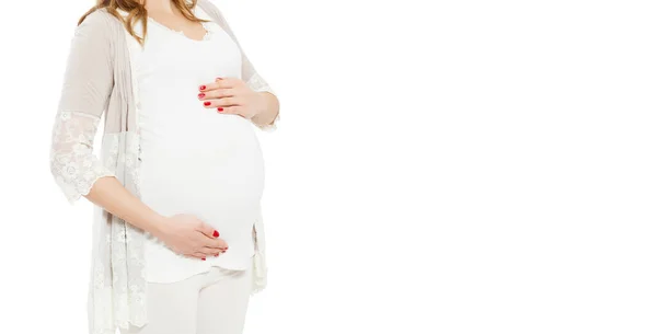 Mulher Grávida Mantém Mãos Barriga Fundo Branco Gravidez Maternidade Preparação — Fotografia de Stock