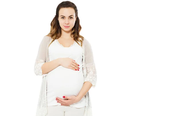 Krásná Mladá Těhotná Žena Stojící Bílém Pozadí Dotýká Těhotného Břicha — Stock fotografie