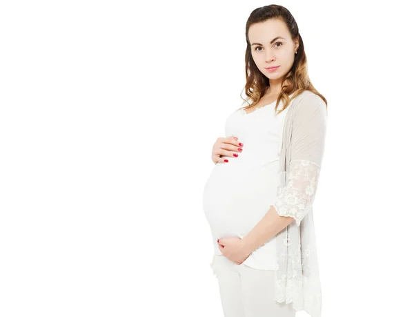 Junge Schöne Schwangere Frau Steht Auf Weißem Hintergrund Isoliert — Stockfoto
