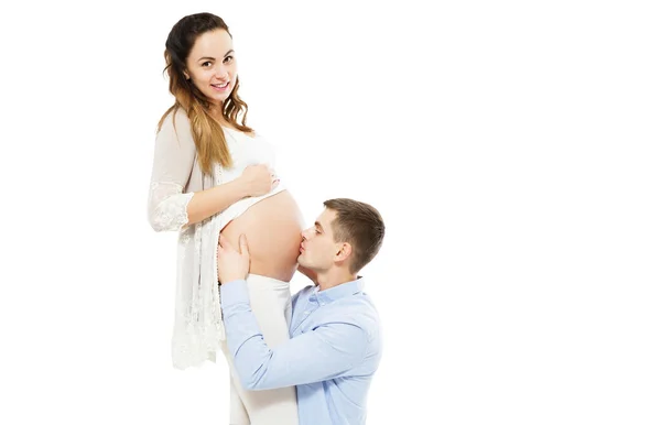 Beautiful Happy Young Couple Expecting Baby Man Kissing Pregnant Belly — Stock Photo, Image