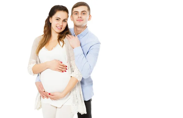 Feliz Casal Amoroso Esperando Nascimento Criança Posando Fundo Branco — Fotografia de Stock