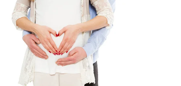 Portrait Young Pregnant Couple White Background Show Love Sign — Stock Photo, Image
