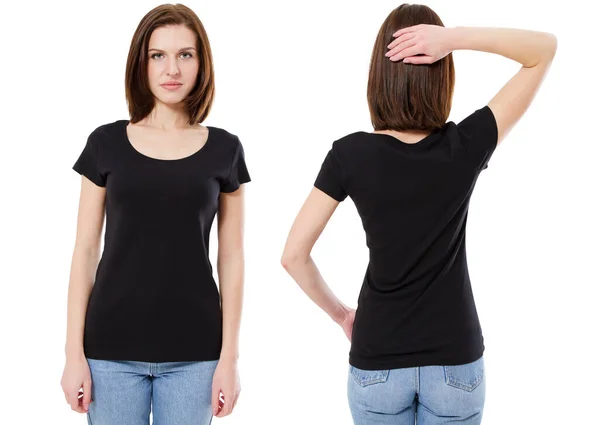 Mockup Template Black Woman Shirt White Background Front View Rear — Stock Photo, Image